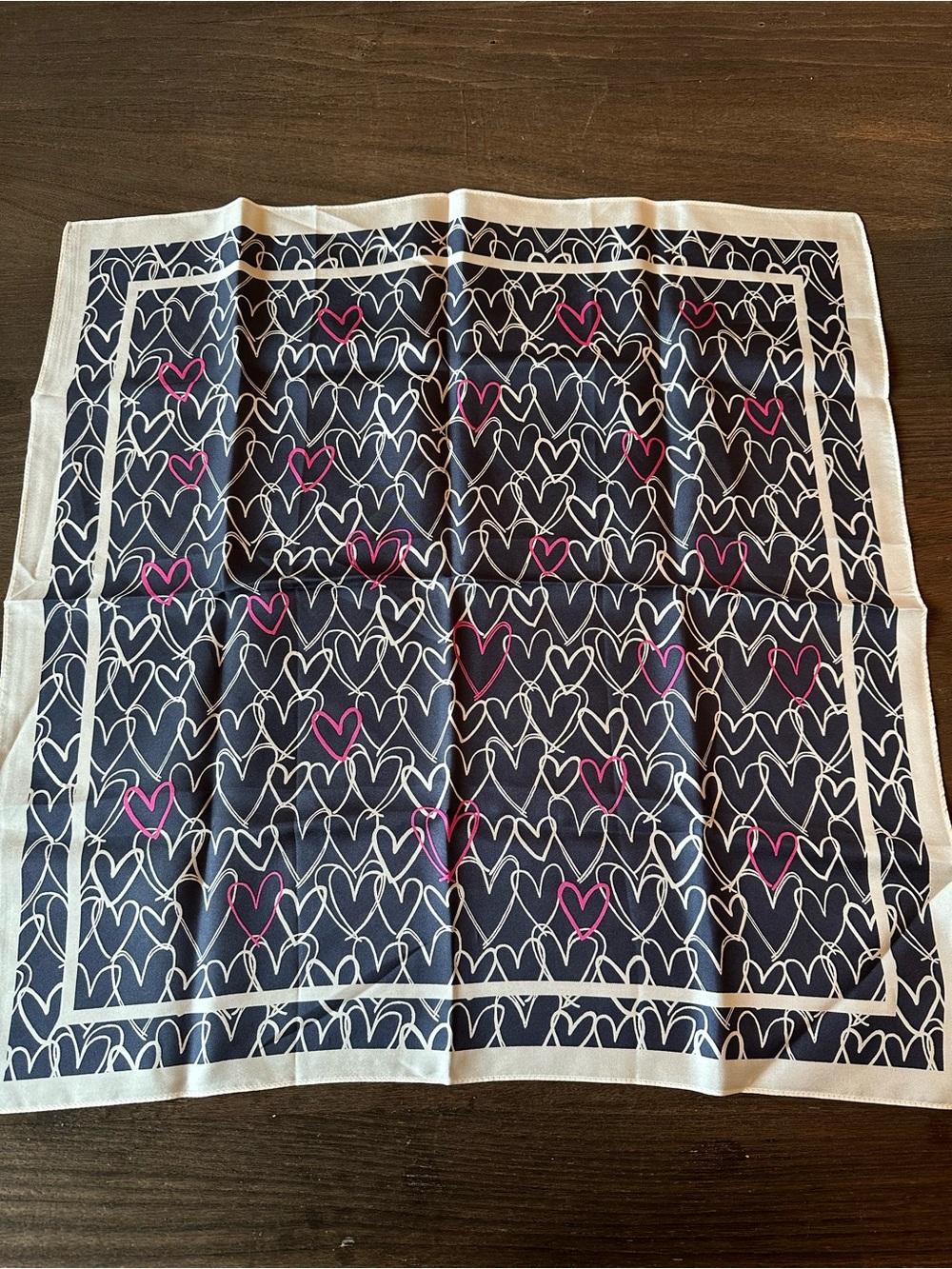 LOFT Navy Silk Heart Print Scarf with Pink Accents